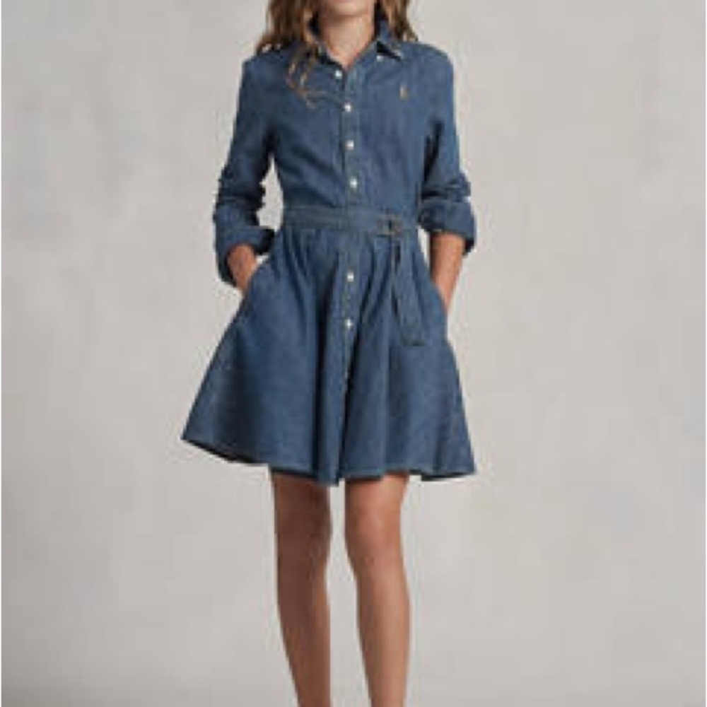 Ralph Lauren Girls Belted Cotton Denim Shirtdress Indigo Blue Size 10